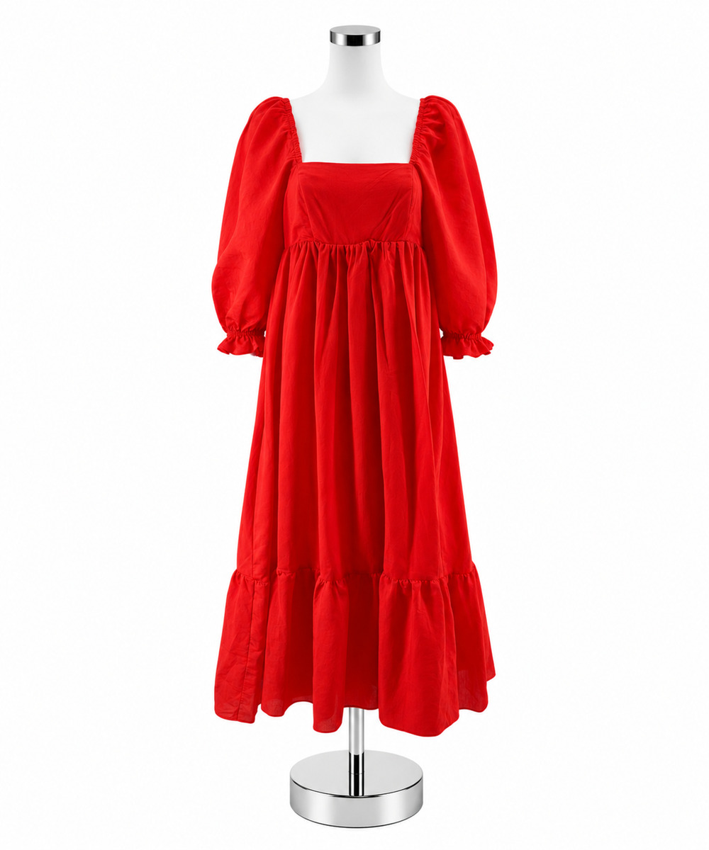 Storia NWT Reddish Orange Tiered Puff Sleeve Midi Dress | Size Small